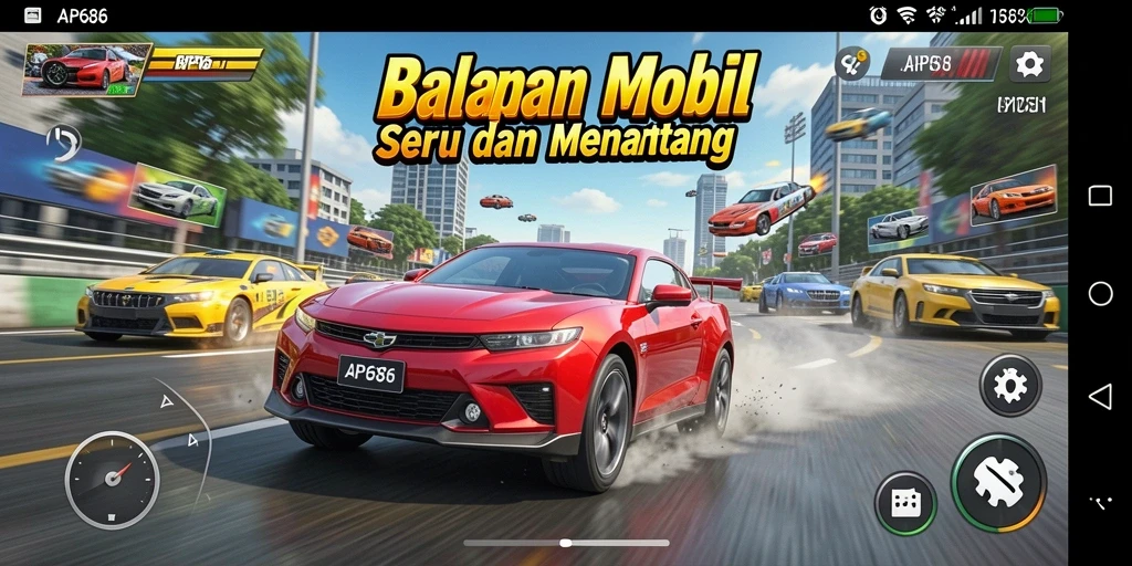 Screenshot dari gameplay AP686 yang menampilkan aksi balap mendebarkan.
