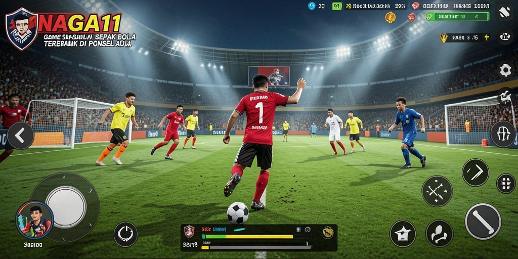 Tampilan gameplay NAGA11 yang mendebarkan selama pertandingan sepak bola.